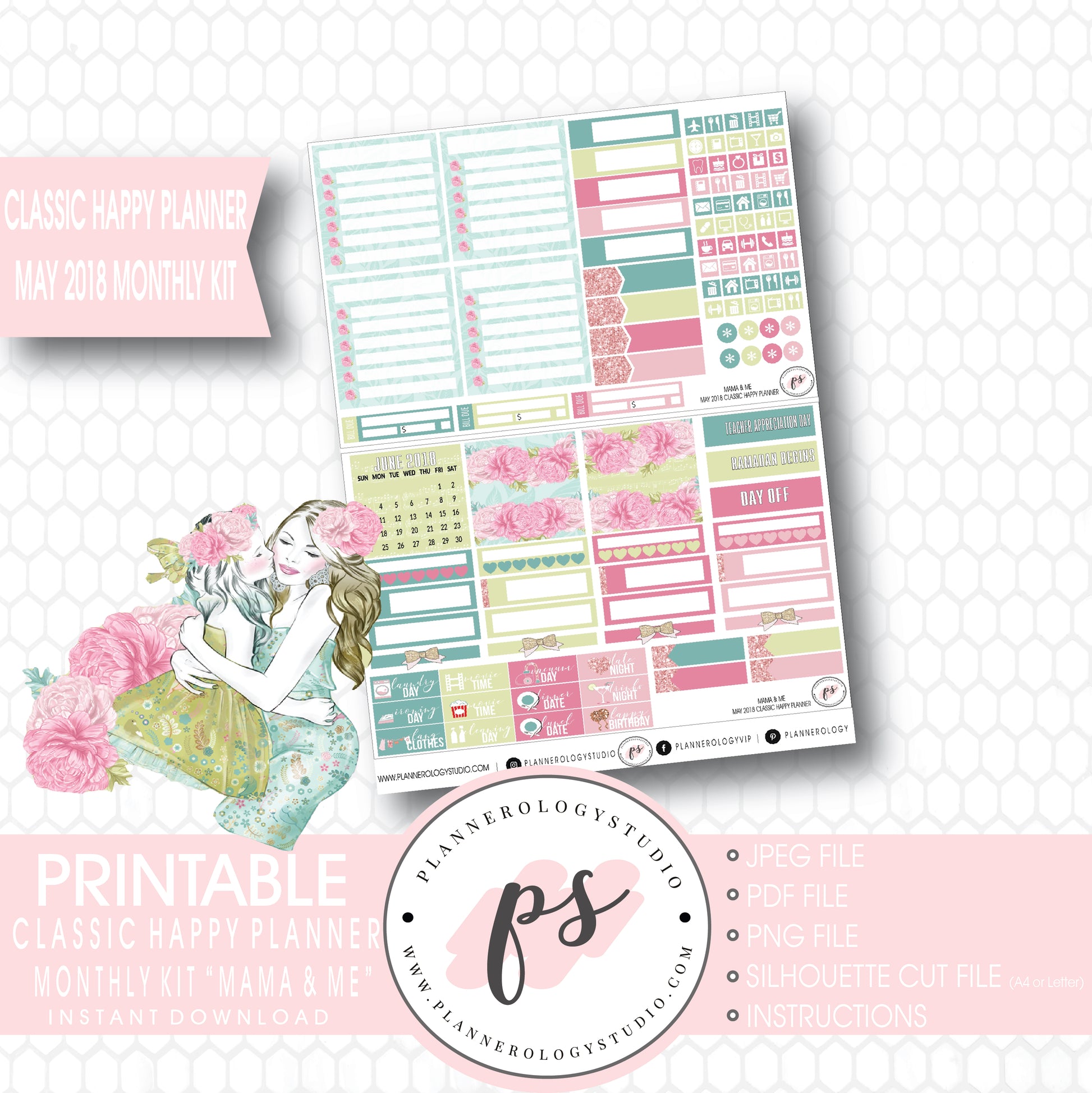 Mama & Me (Mother's Day) May 2018 Monthly View Kit Digital Printable Planner Stickers (for use with Classic Happy Planner) - Plannerologystudio