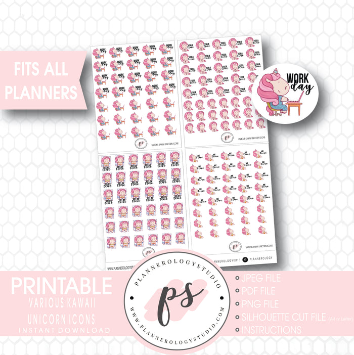 Cute Kawaii Unicorn To Do Icons Digital Printable Planner Stickers - Plannerologystudio