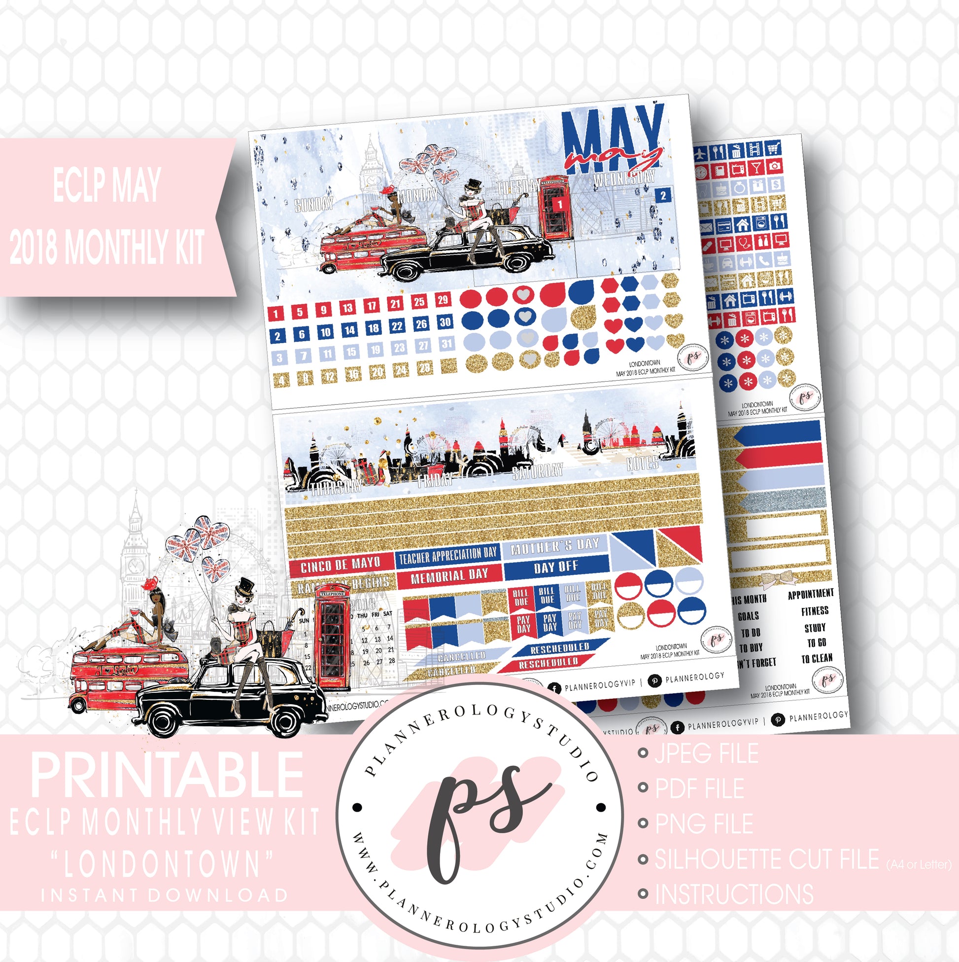 Londontown May 2018 Monthly View Kit Digital Printable Planner Stickers (for use with Erin Condren) - Plannerologystudio