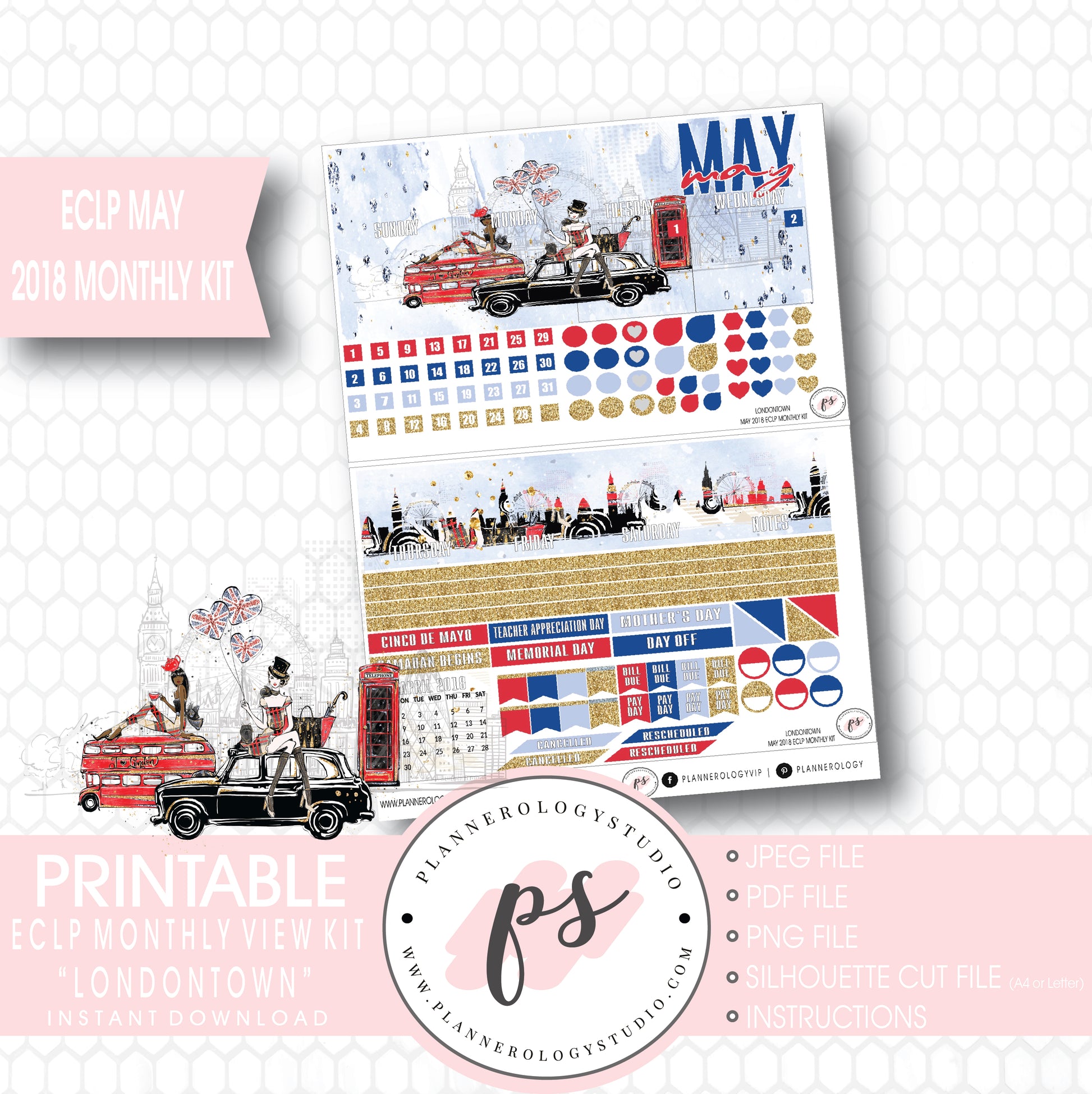 Londontown May 2018 Monthly View Kit Digital Printable Planner Stickers (for use with Erin Condren) - Plannerologystudio