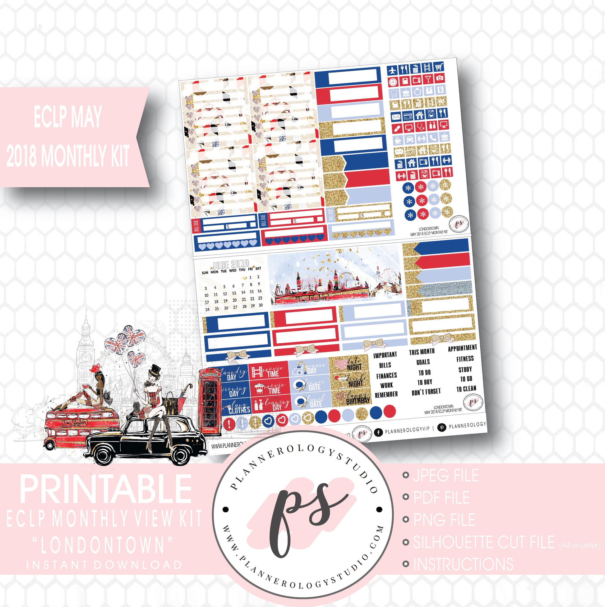 Londontown May 2018 Monthly View Kit Digital Printable Planner Stickers (for use with Erin Condren) - Plannerologystudio