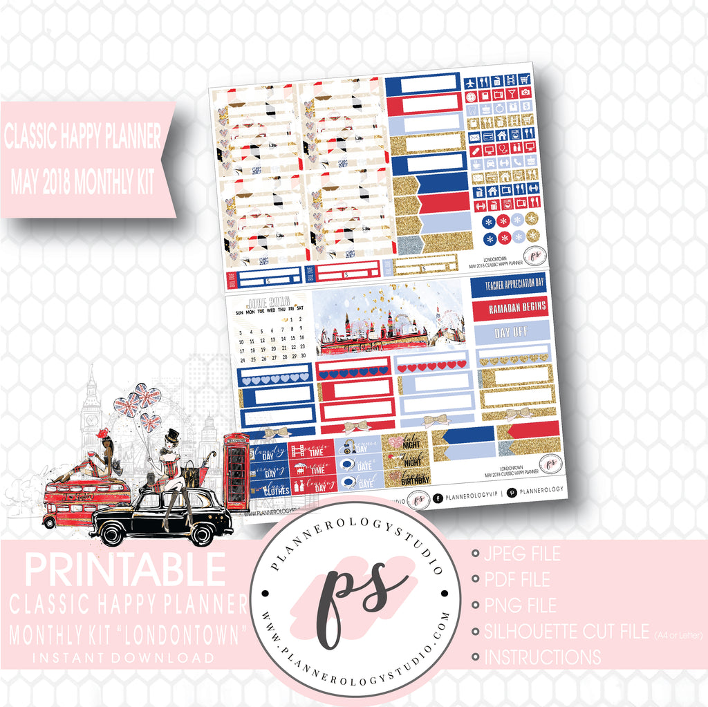 Londontown May 2018 Monthly View Kit Digital Printable Planner Stickers (for use with Classic Happy Planner) - Plannerologystudio