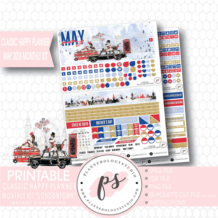 Londontown May 2018 Monthly View Kit Digital Printable Planner Stickers (for use with Classic Happy Planner) - Plannerologystudio