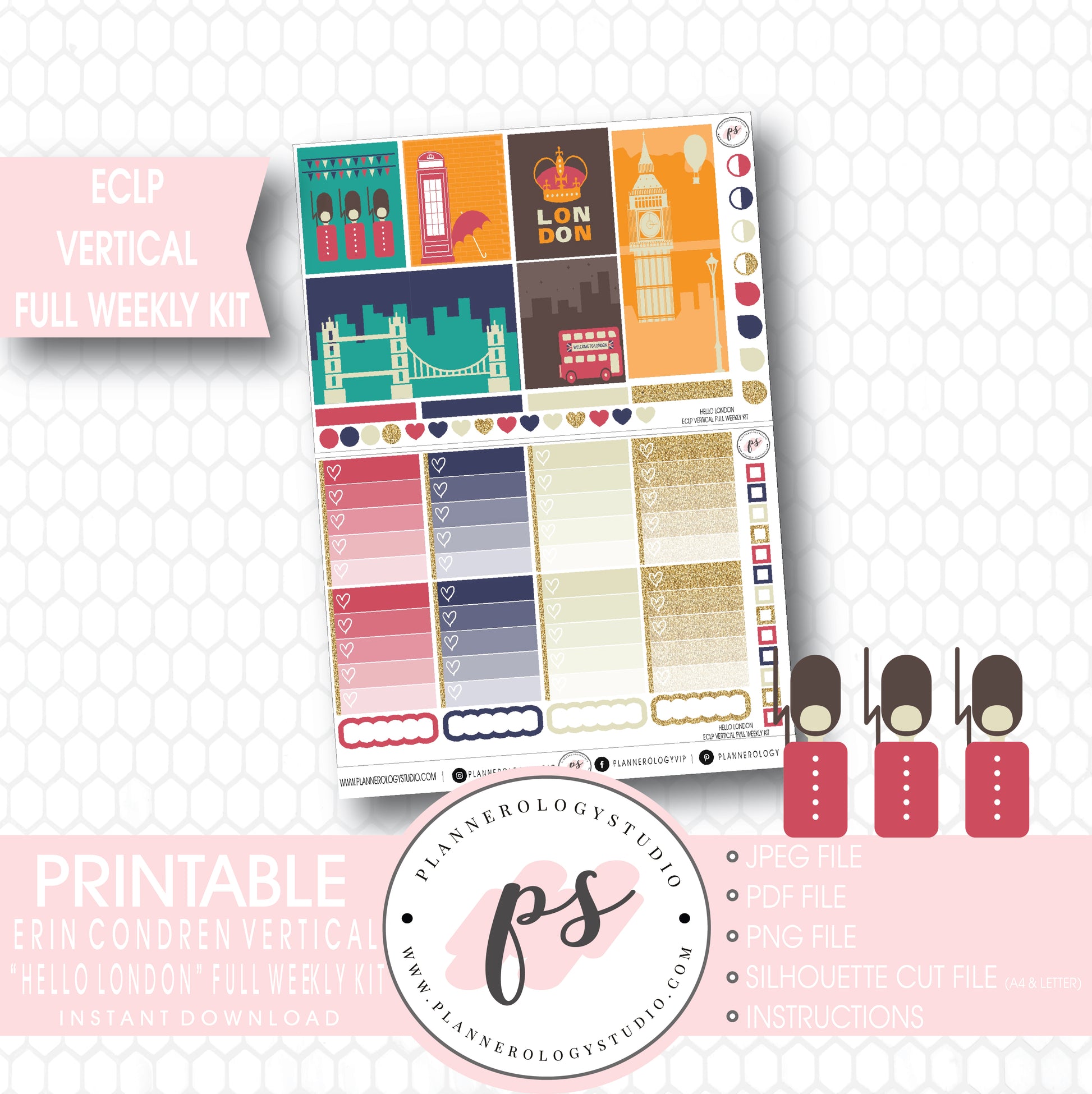 Hello London Full Weekly Kit Printable Planner Stickers (for use with ECLP Vertical) - Plannerologystudio