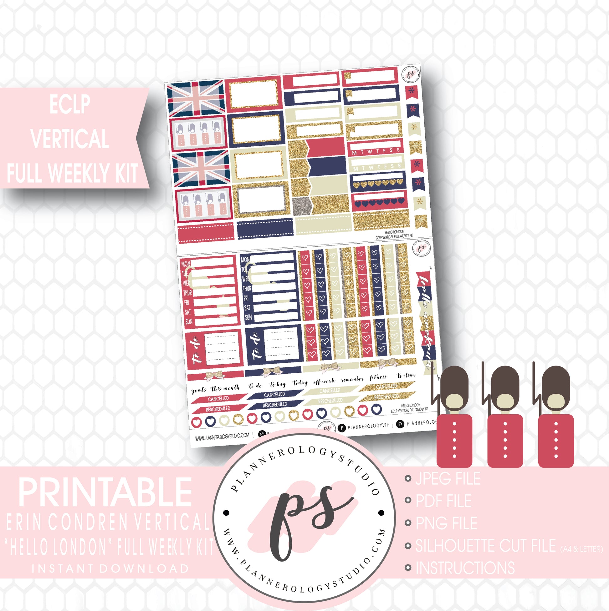 Hello London Full Weekly Kit Printable Planner Stickers (for use with ECLP Vertical) - Plannerologystudio