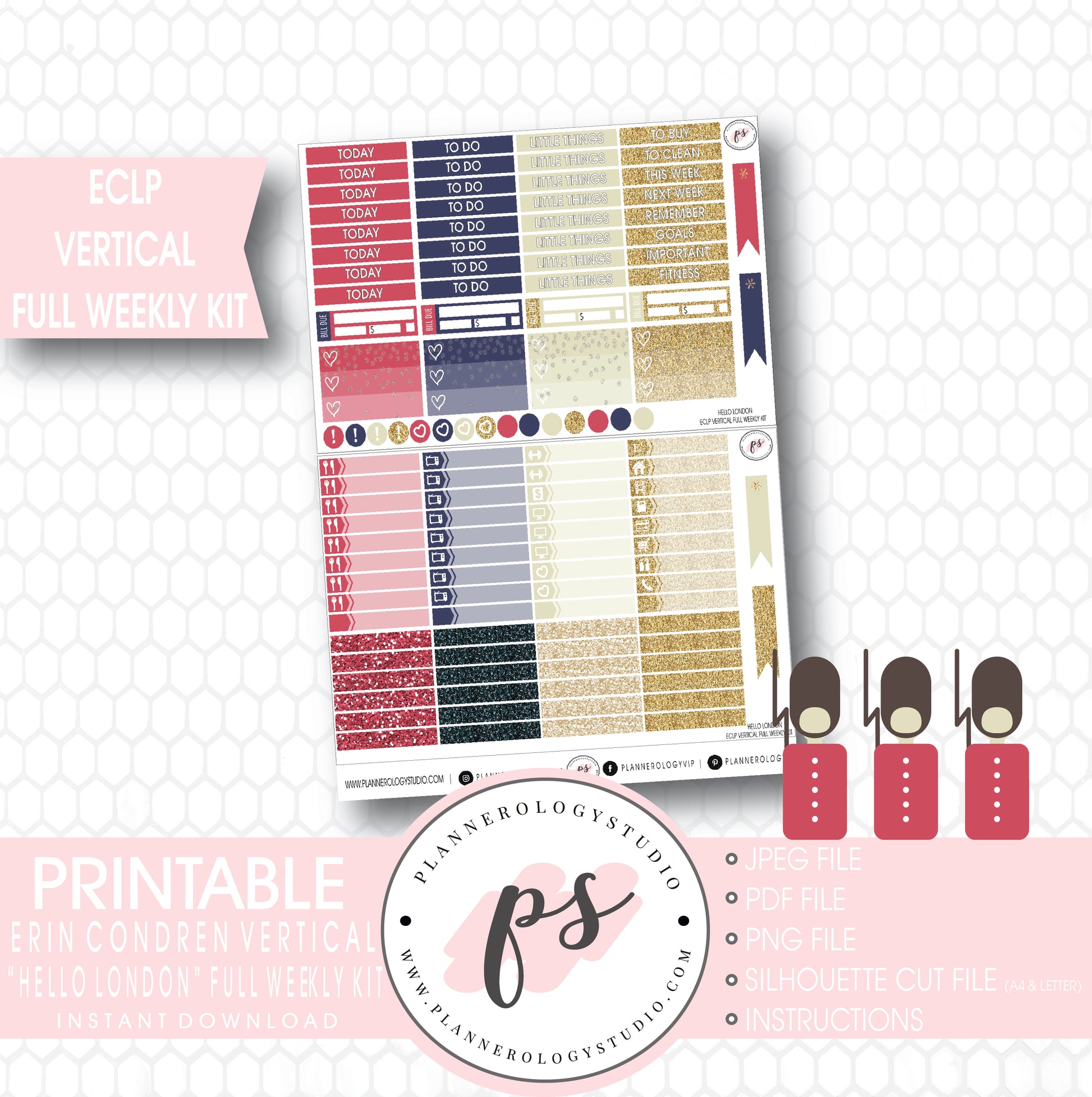 Hello London Full Weekly Kit Printable Planner Stickers (for use with ECLP Vertical) - Plannerologystudio