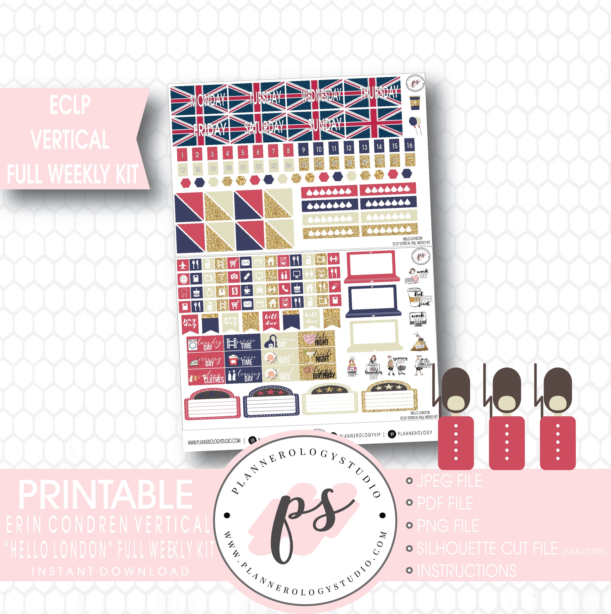Hello London Full Weekly Kit Printable Planner Stickers (for use with ECLP Vertical) - Plannerologystudio