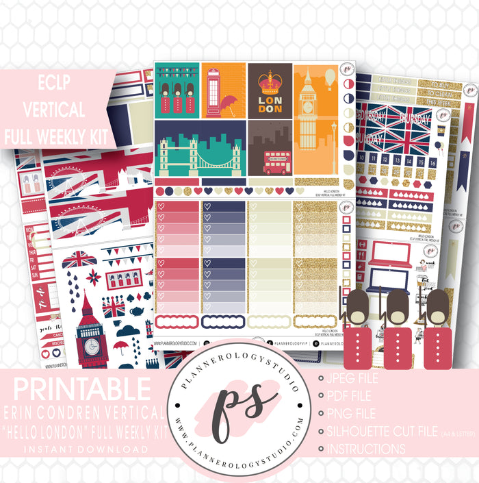 Hello London Full Weekly Kit Printable Planner Stickers (for use with ECLP Vertical) - Plannerologystudio