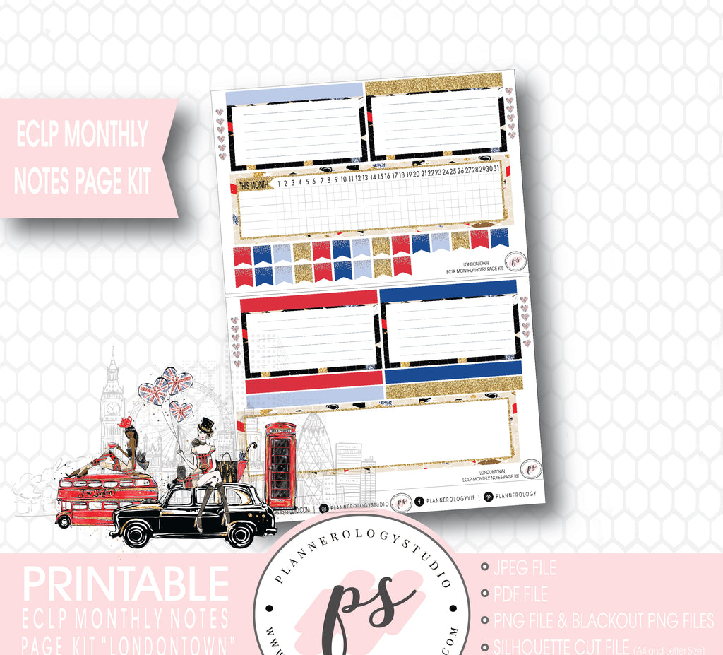 Londontown Monthly Notes Page Kit Digital Printable Planner Stickers (for use with ECLP) - Plannerologystudio