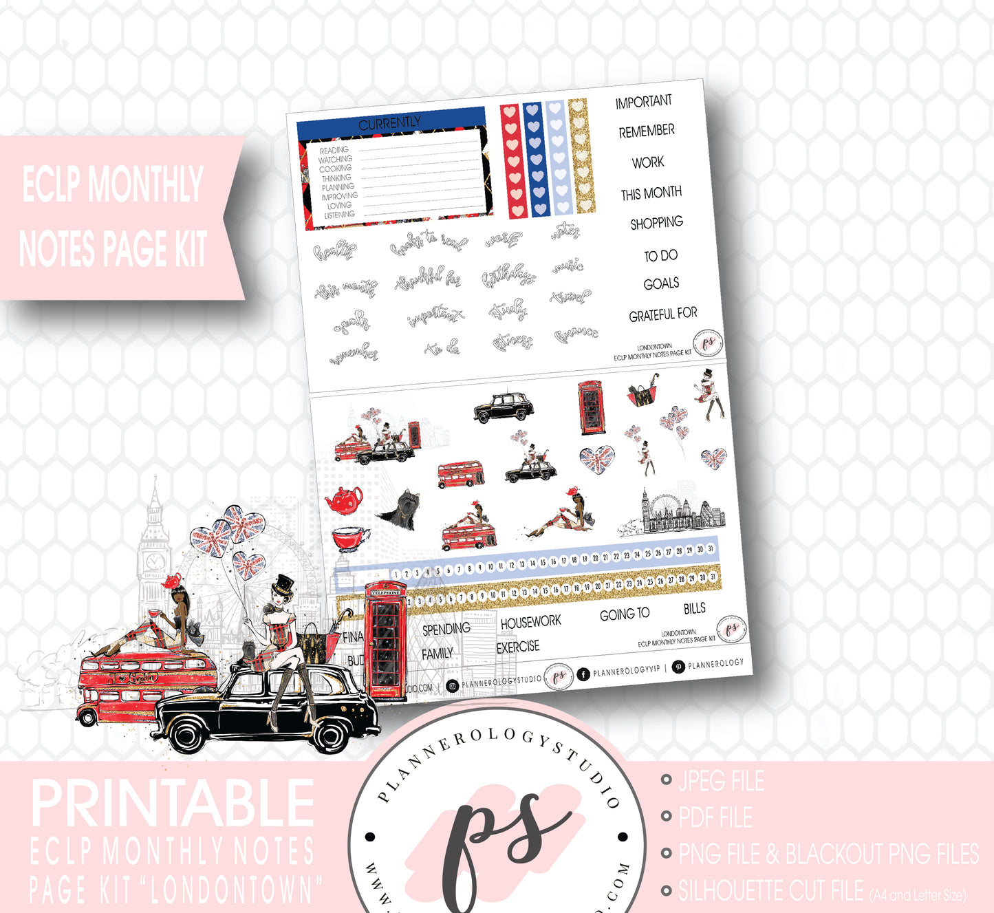 Londontown Monthly Notes Page Kit Digital Printable Planner Stickers (for use with ECLP) - Plannerologystudio