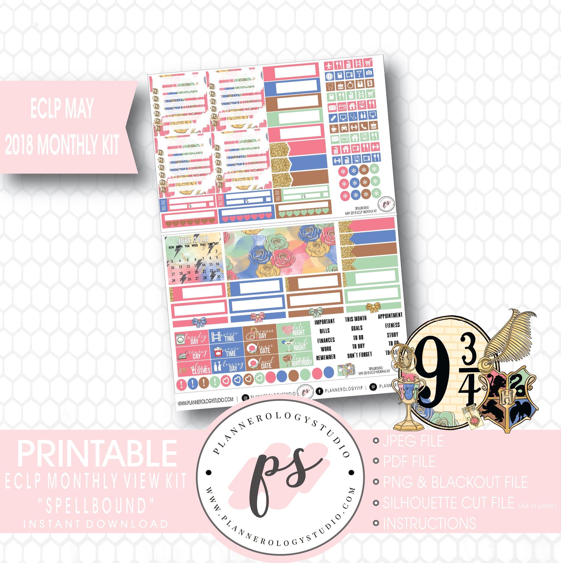 Spellbound (Harry Potter) May 2018 Monthly View Kit Digital Printable Planner Stickers (for use with Erin Condren) - Plannerologystudio