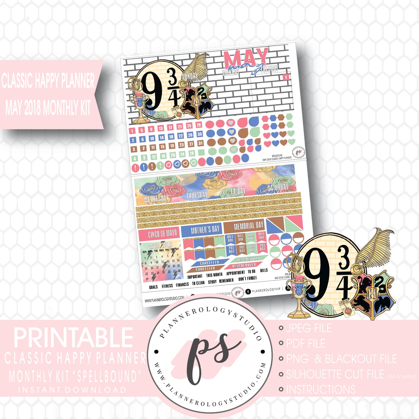 Spellbound (Harry Potter) May 2018 Monthly View Kit Digital Printable Planner Stickers (for use with Classic Happy Planner) - Plannerologystudio