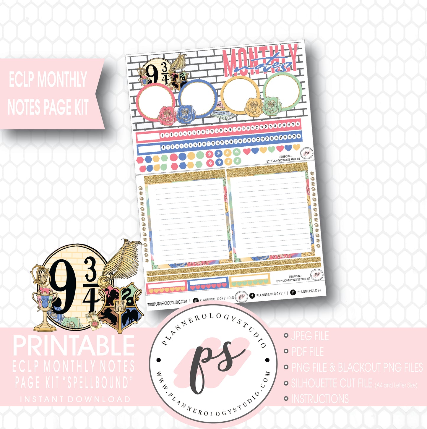 Spellbound (Harry Potter) Monthly Notes Page Kit Digital Printable Planner Stickers (for use with ECLP) - Plannerologystudio