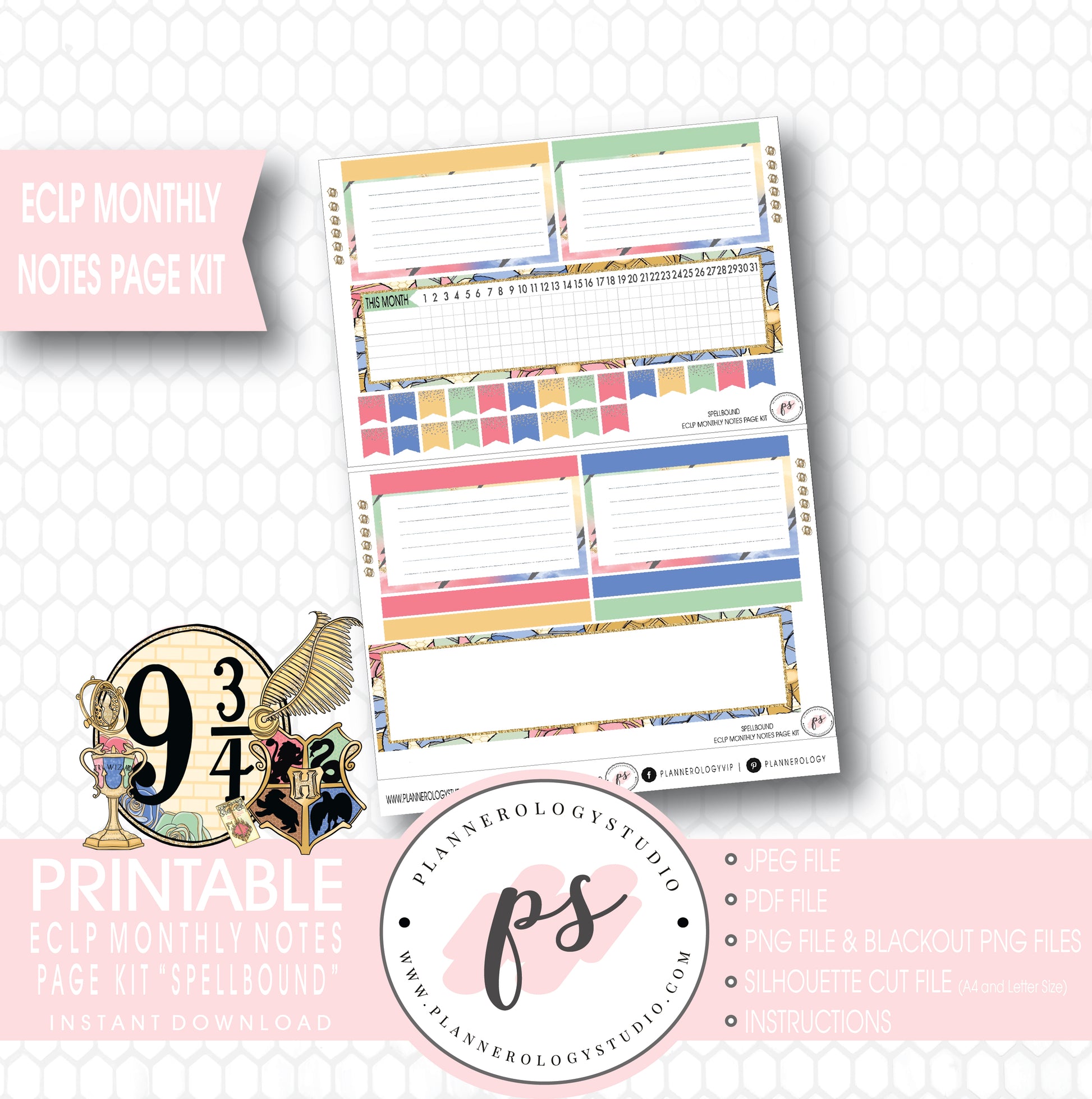 Spellbound (Harry Potter) Monthly Notes Page Kit Digital Printable Planner Stickers (for use with ECLP) - Plannerologystudio