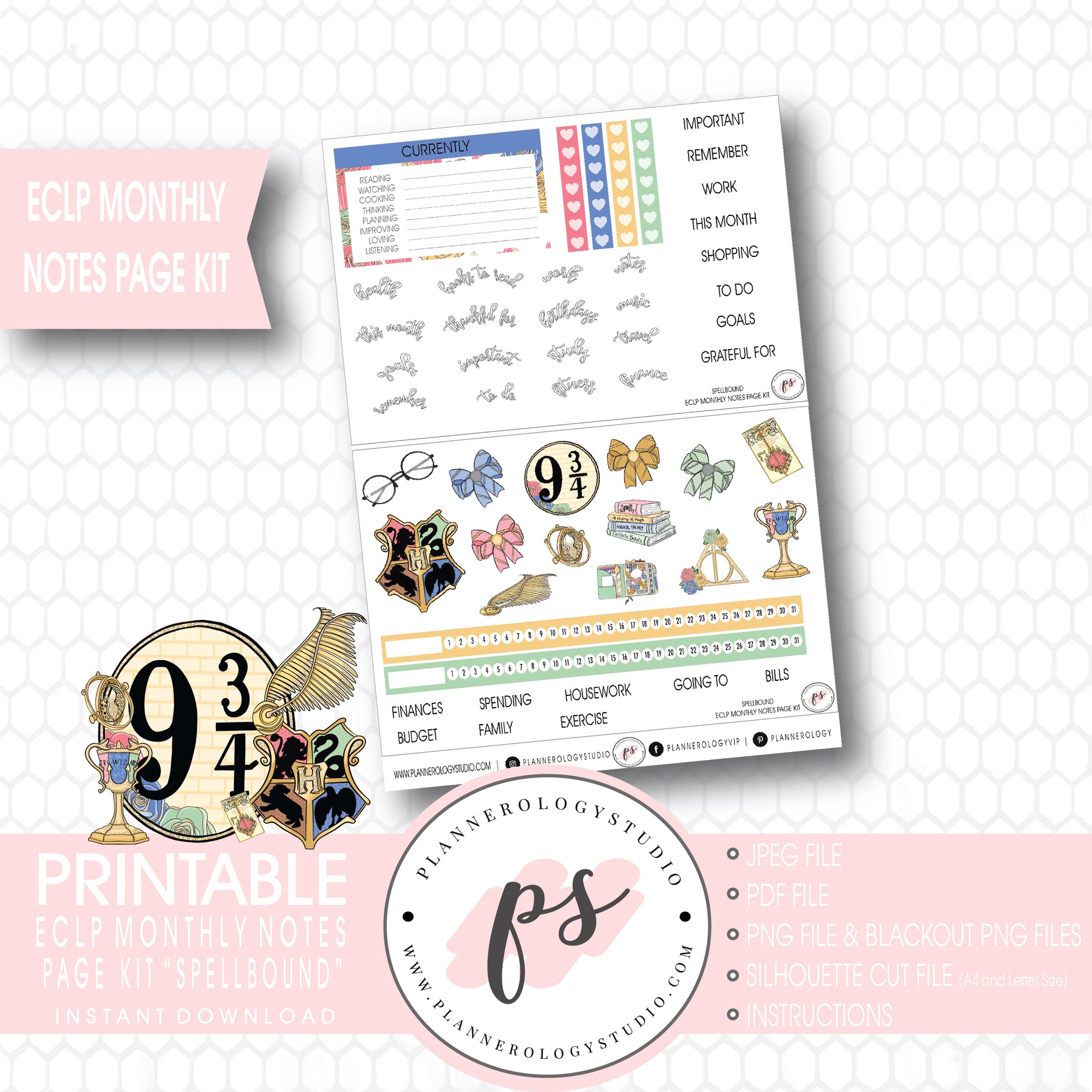 Spellbound (Harry Potter) Monthly Notes Page Kit Digital Printable Planner Stickers (for use with ECLP) - Plannerologystudio