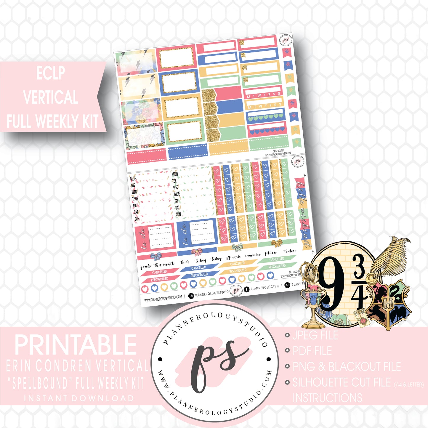 Spellbound (Harry Potter) Full Weekly Kit Printable Planner Stickers (for use with ECLP Vertical) - Plannerologystudio
