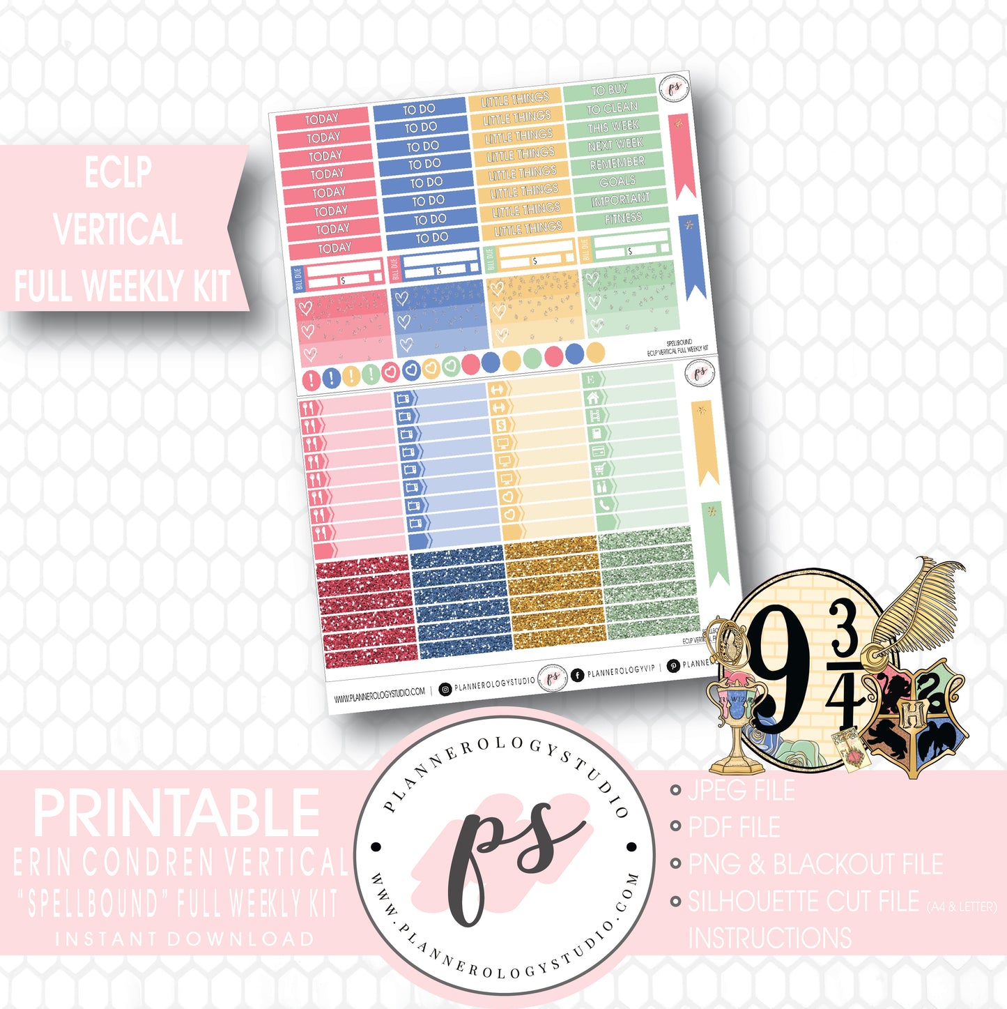 Spellbound (Harry Potter) Full Weekly Kit Printable Planner Stickers (for use with ECLP Vertical) - Plannerologystudio
