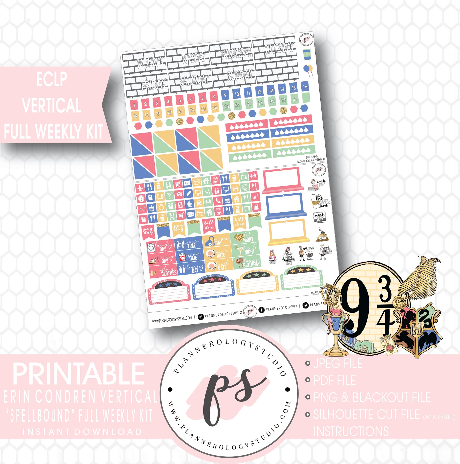 Spellbound (Harry Potter) Full Weekly Kit Printable Planner Stickers (for use with ECLP Vertical) - Plannerologystudio