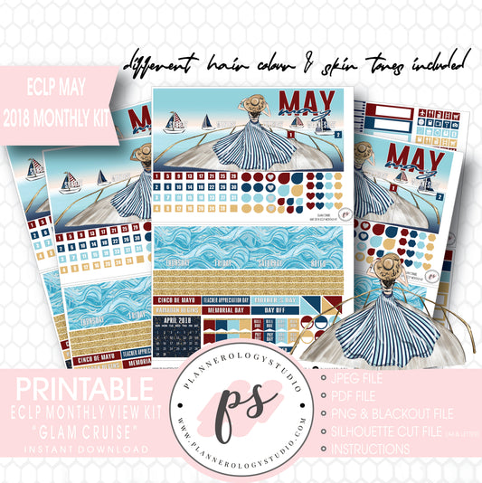 Glam Cruise May 2018 Monthly View Kit Digital Printable Planner Stickers (for use with Erin Condren) - Plannerologystudio