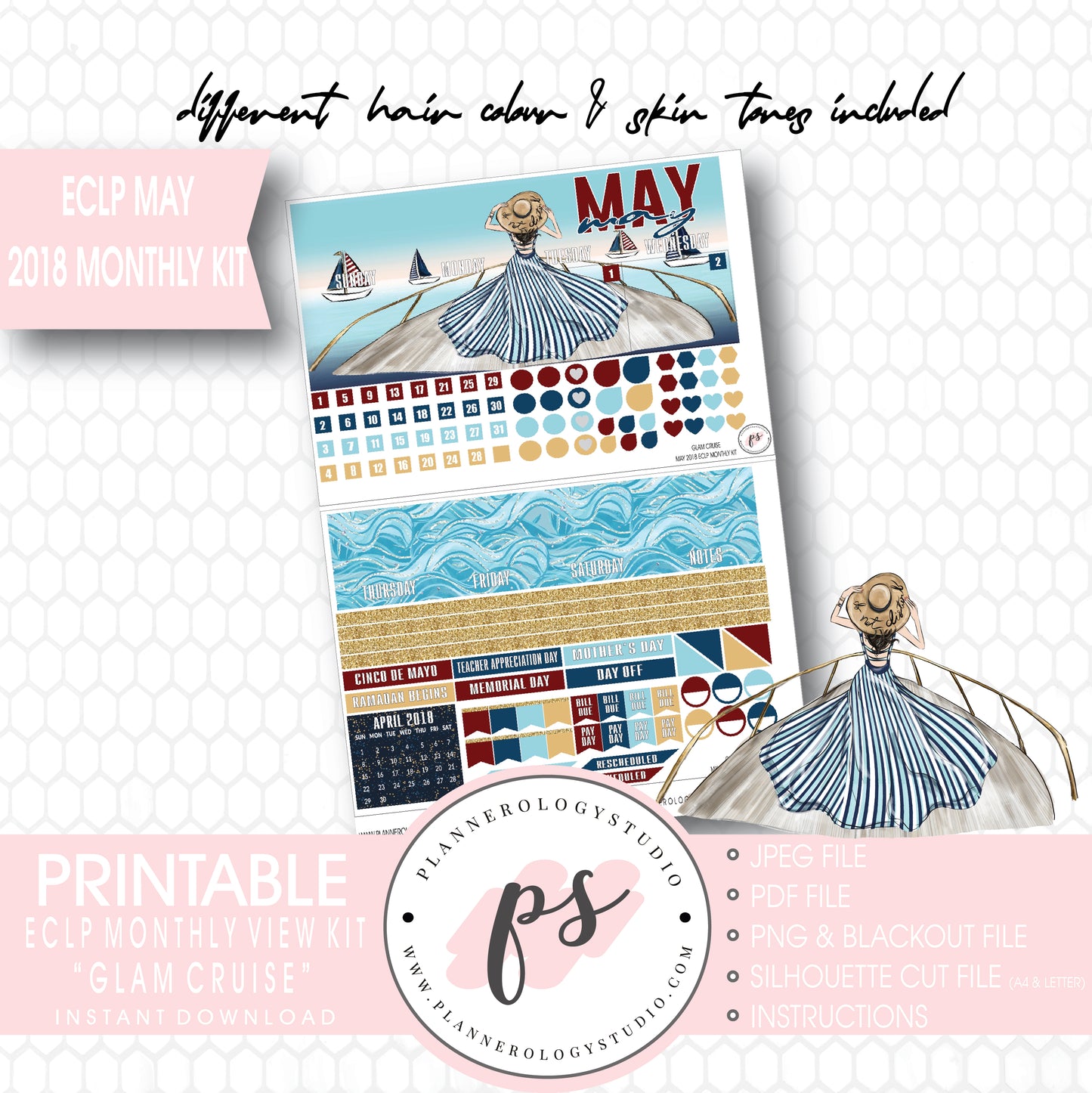 Glam Cruise May 2018 Monthly View Kit Digital Printable Planner Stickers (for use with Erin Condren) - Plannerologystudio