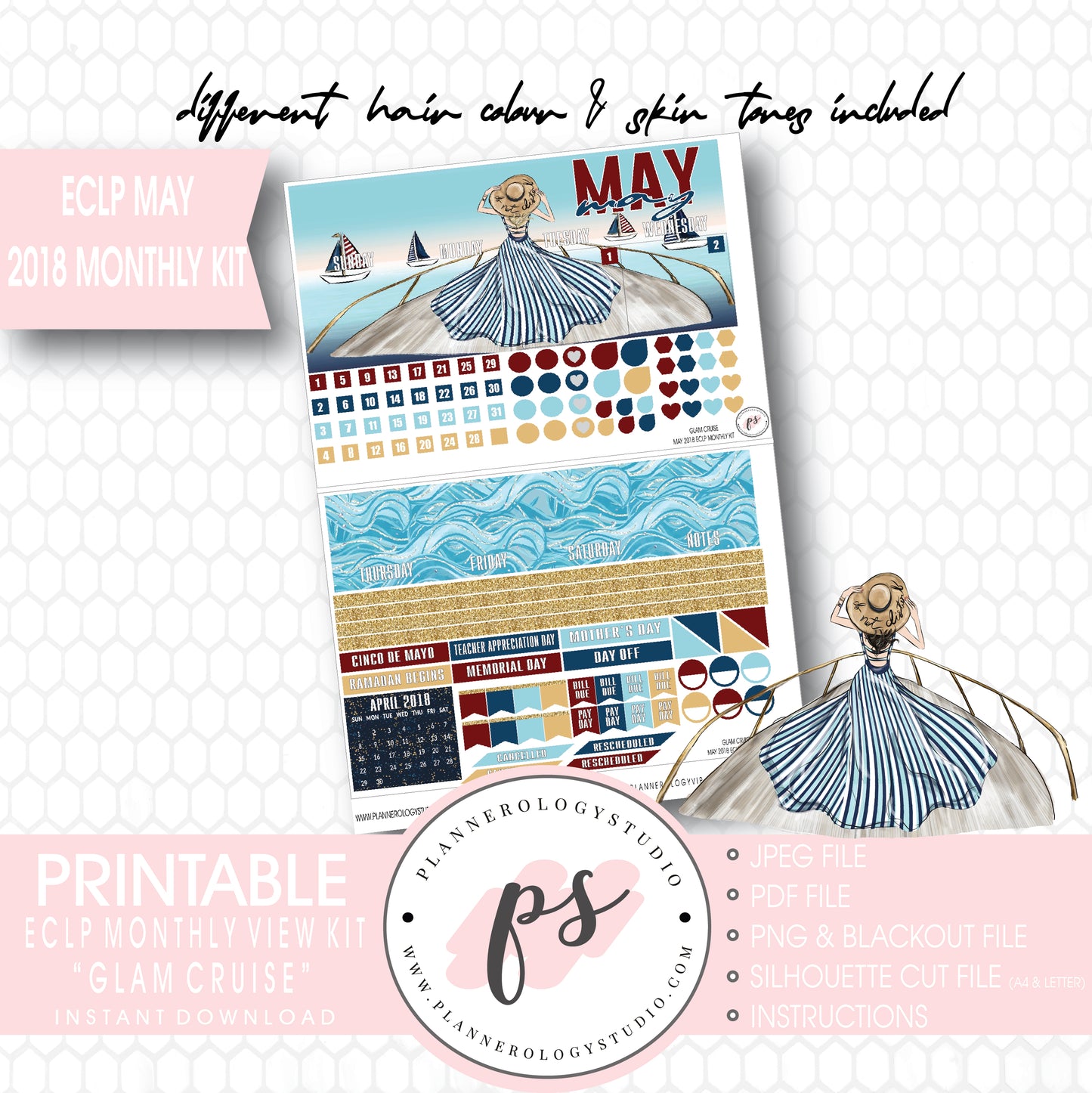 Glam Cruise May 2018 Monthly View Kit Digital Printable Planner Stickers (for use with Erin Condren) - Plannerologystudio