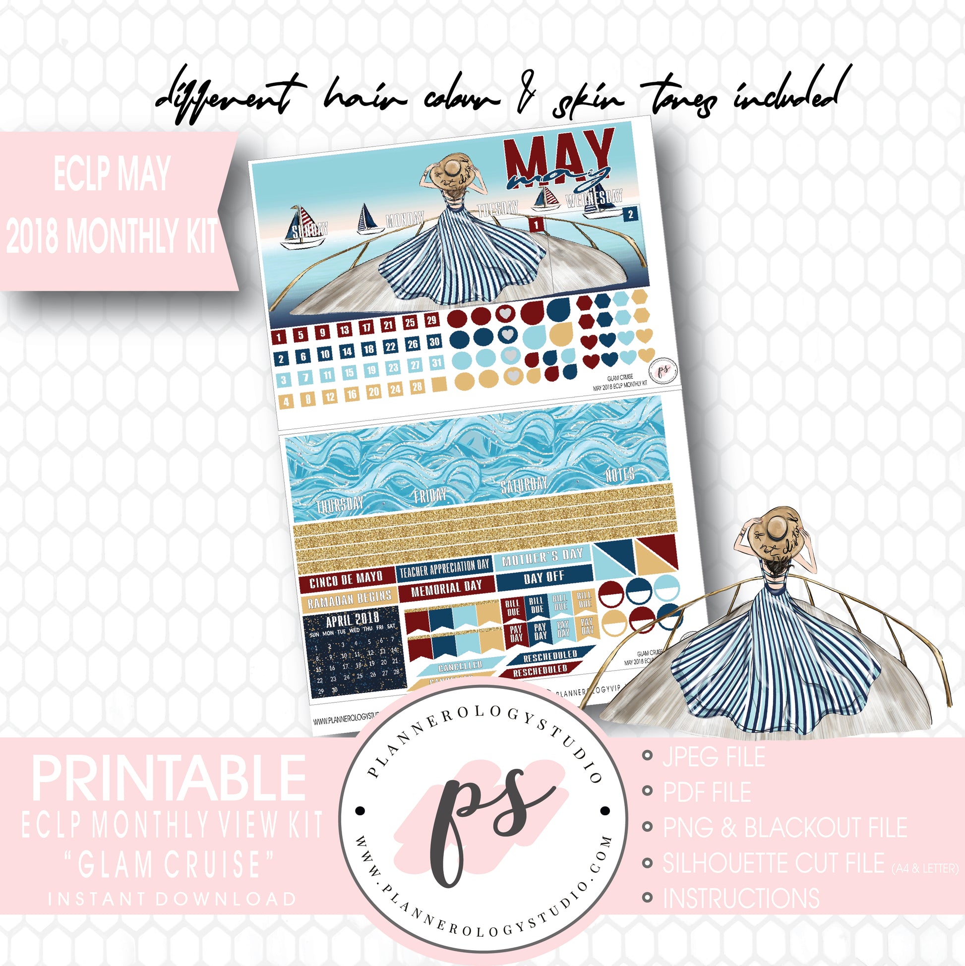 Glam Cruise May 2018 Monthly View Kit Digital Printable Planner Stickers (for use with Erin Condren) - Plannerologystudio