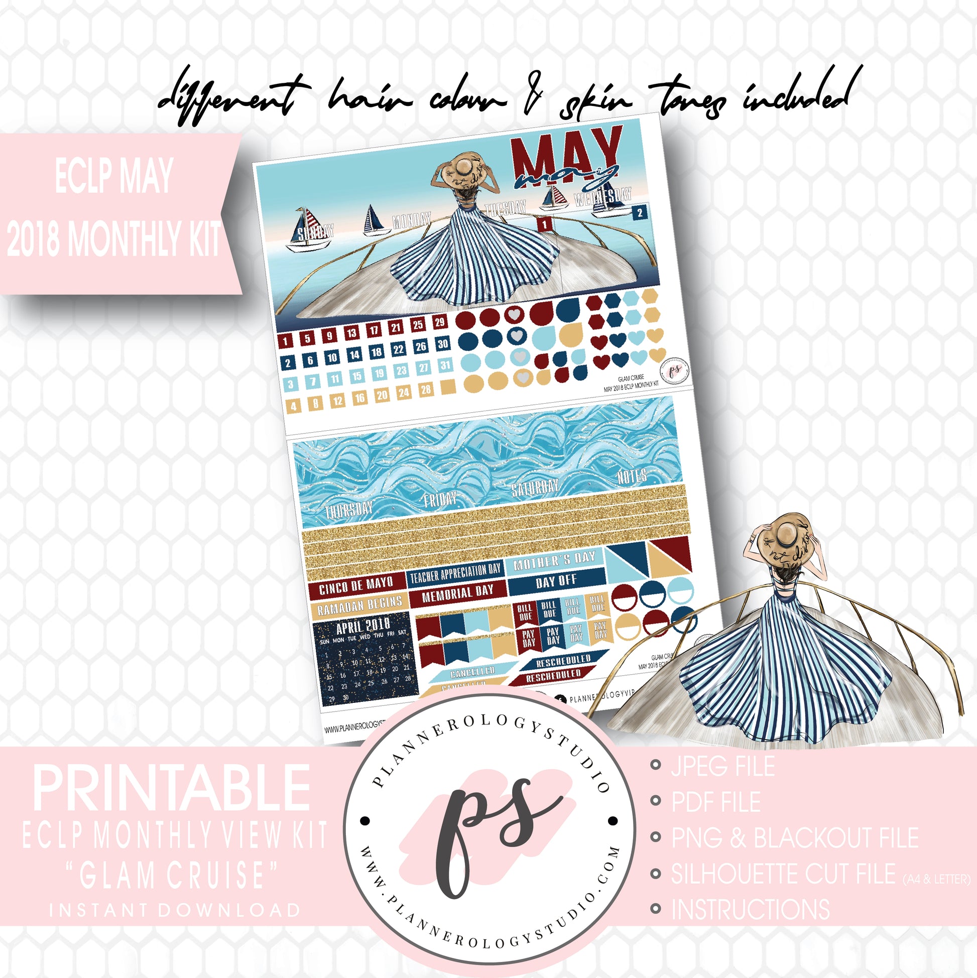 Glam Cruise May 2018 Monthly View Kit Digital Printable Planner Stickers (for use with Erin Condren) - Plannerologystudio