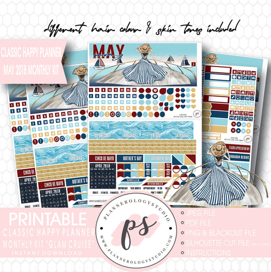 Glam Cruise May 2018 Monthly View Kit Digital Printable Planner Stickers (for use with Classic Happy Planner) - Plannerologystudio