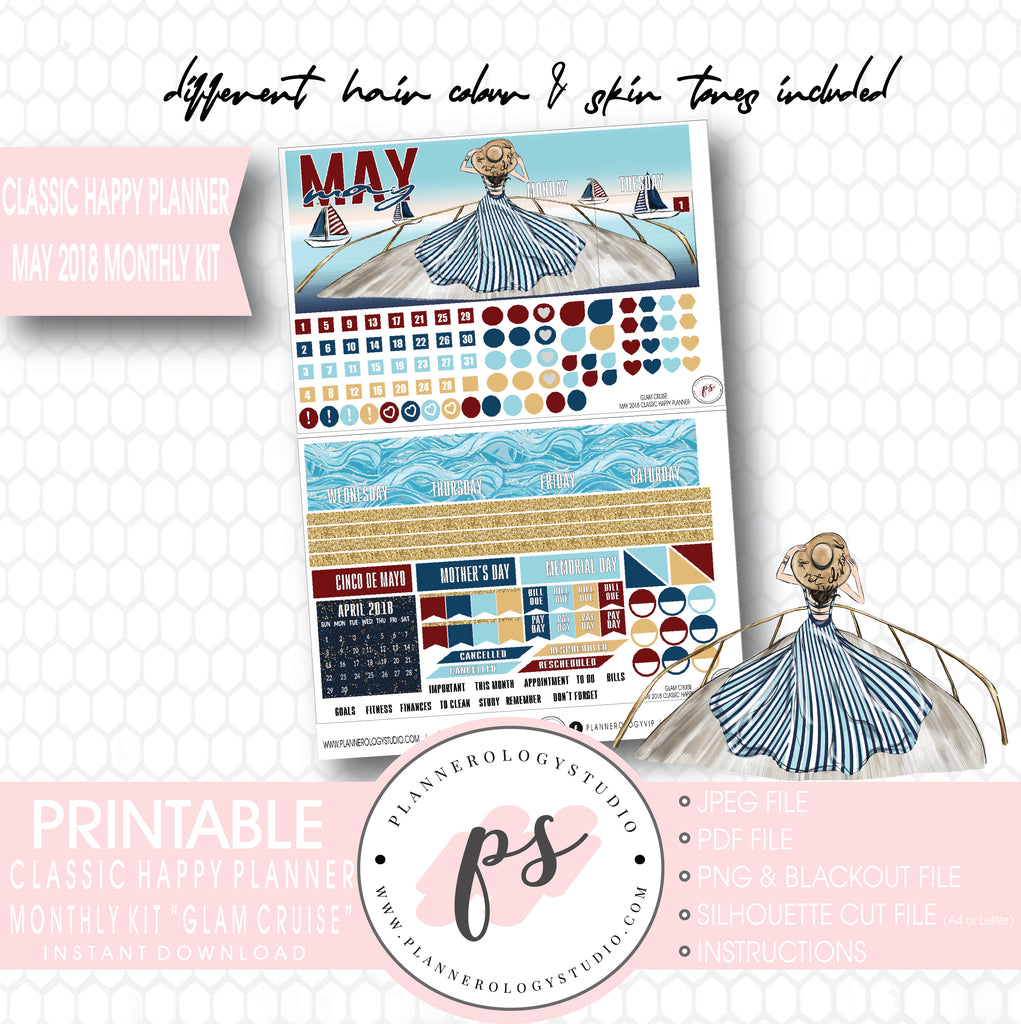 Glam Cruise May 2018 Monthly View Kit Digital Printable Planner Stickers (for use with Classic Happy Planner) - Plannerologystudio