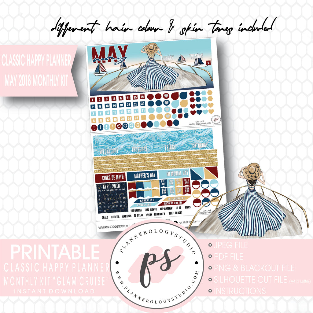 Glam Cruise May 2018 Monthly View Kit Digital Printable Planner Stickers (for use with Classic Happy Planner) - Plannerologystudio