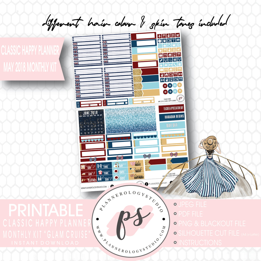 Glam Cruise May 2018 Monthly View Kit Digital Printable Planner Stickers (for use with Classic Happy Planner) - Plannerologystudio