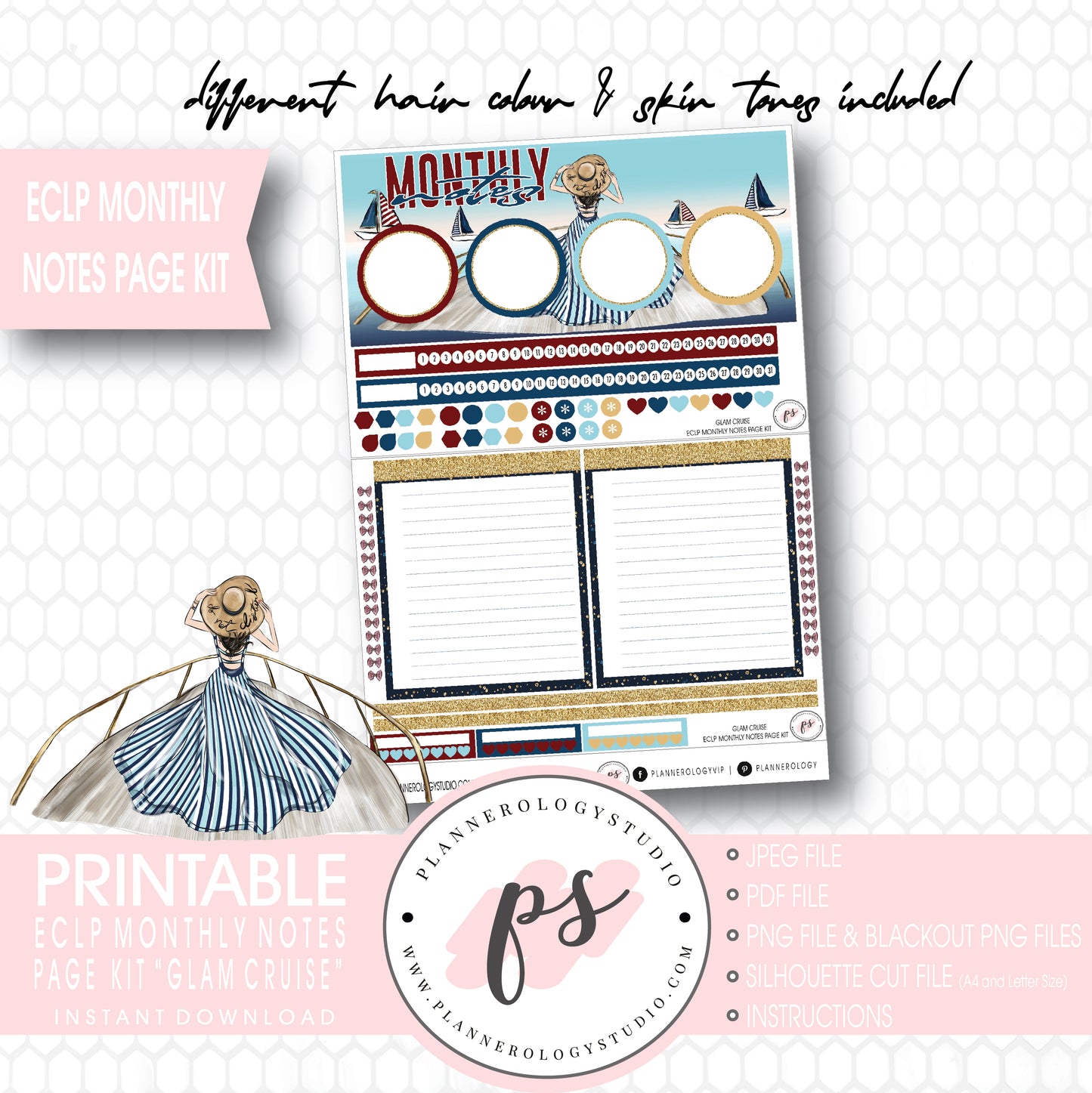 Glam Cruise Monthly Notes Page Kit Digital Printable Planner Stickers (for use with ECLP) - Plannerologystudio