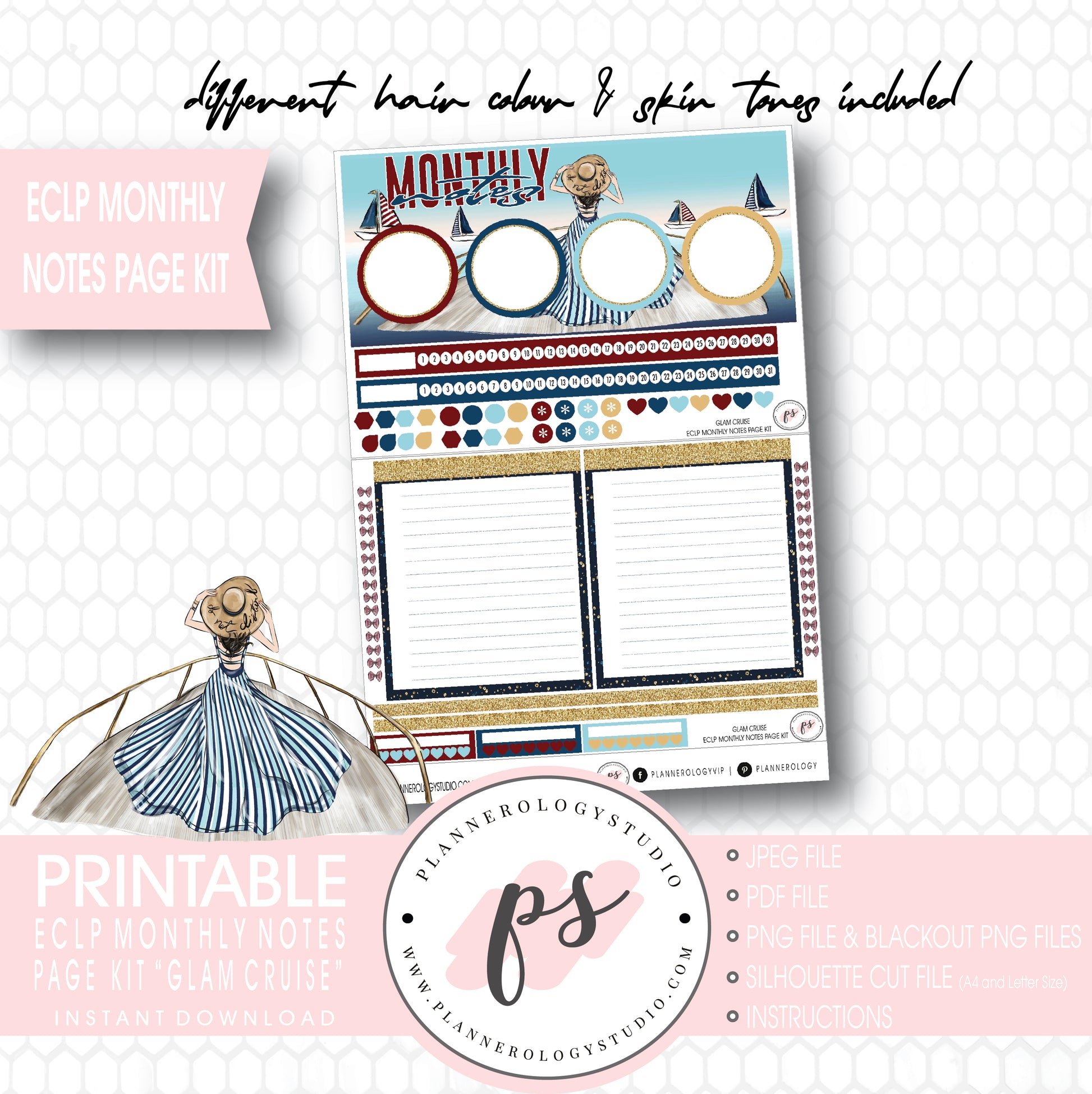 Glam Cruise Monthly Notes Page Kit Digital Printable Planner Stickers (for use with ECLP) - Plannerologystudio