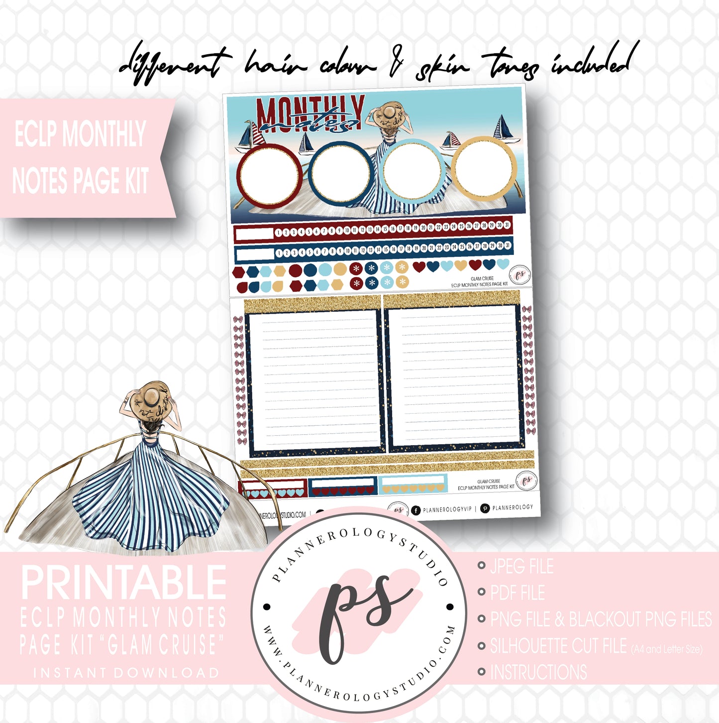 Glam Cruise Monthly Notes Page Kit Digital Printable Planner Stickers (for use with ECLP) - Plannerologystudio