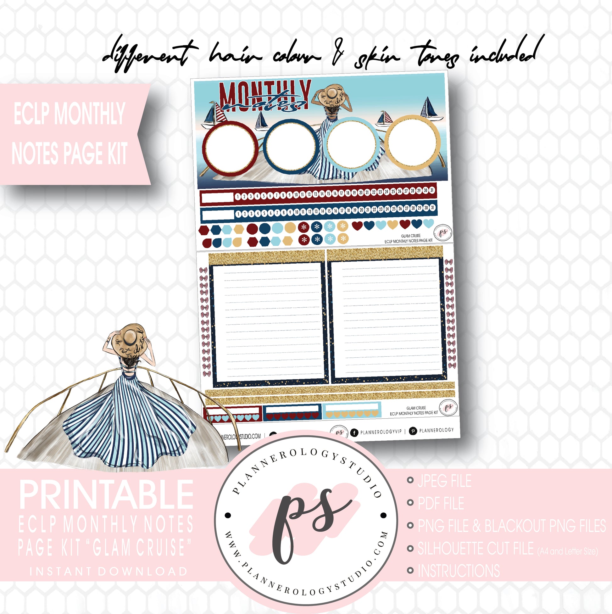Glam Cruise Monthly Notes Page Kit Digital Printable Planner Stickers (for use with ECLP) - Plannerologystudio