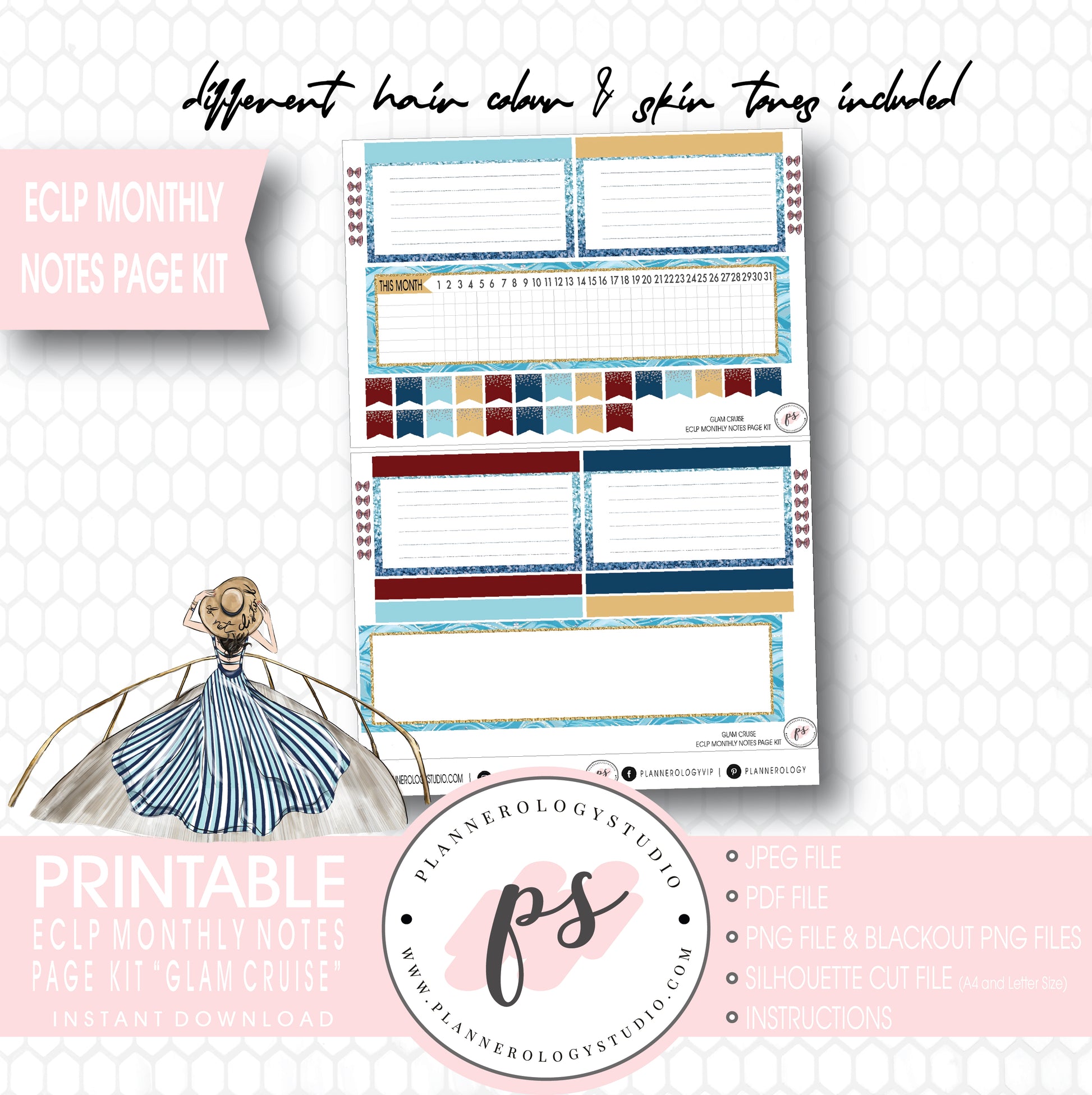 Glam Cruise Monthly Notes Page Kit Digital Printable Planner Stickers (for use with ECLP) - Plannerologystudio