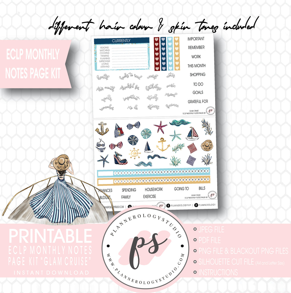 Glam Cruise Monthly Notes Page Kit Digital Printable Planner Stickers (for use with ECLP) - Plannerologystudio