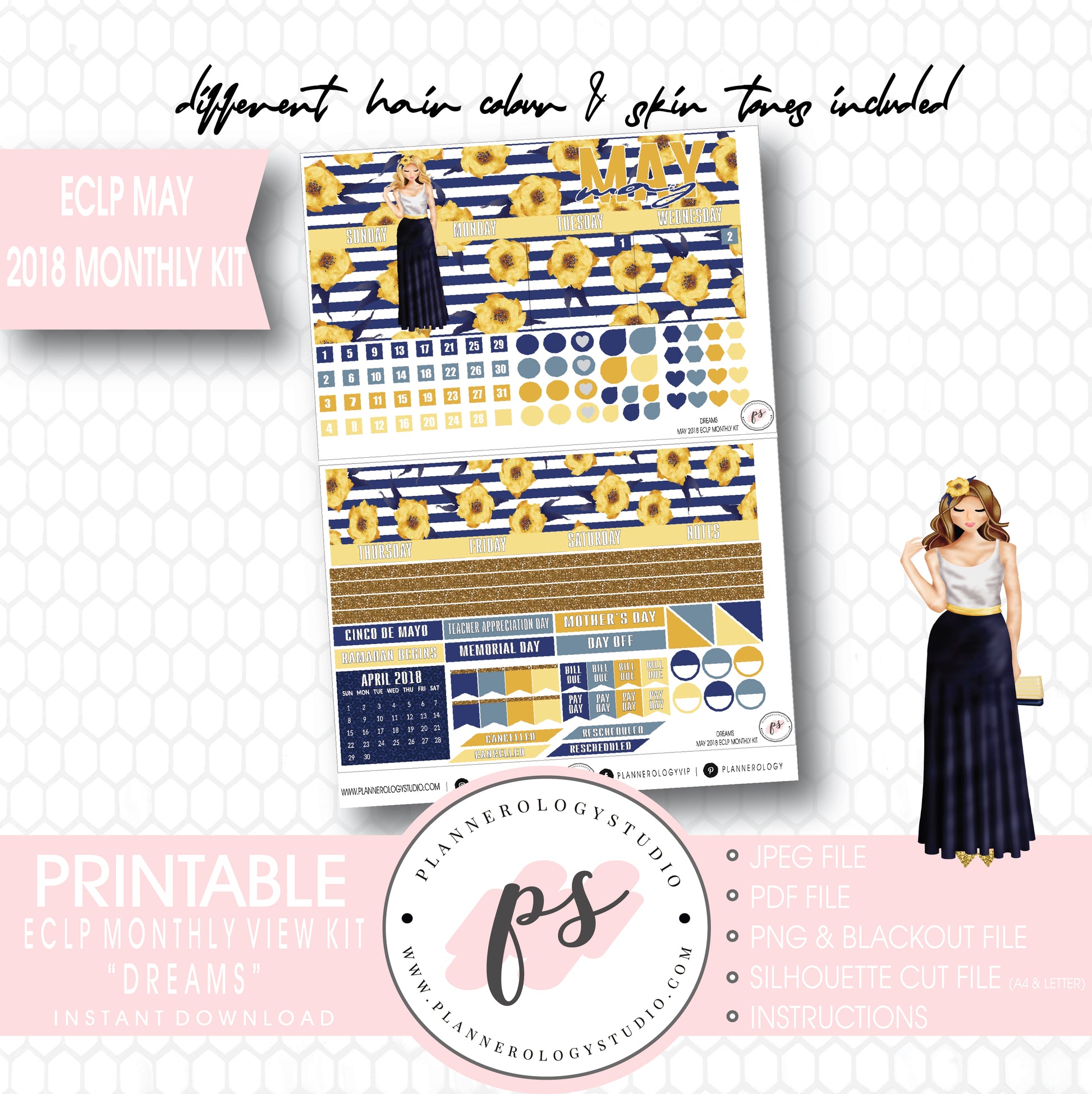 Dreams May 2018 Monthly View Kit Digital Printable Planner Stickers (for use with Erin Condren) - Plannerologystudio