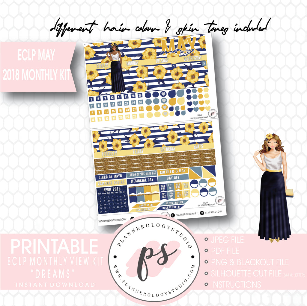 Dreams May 2018 Monthly View Kit Digital Printable Planner Stickers (for use with Erin Condren) - Plannerologystudio