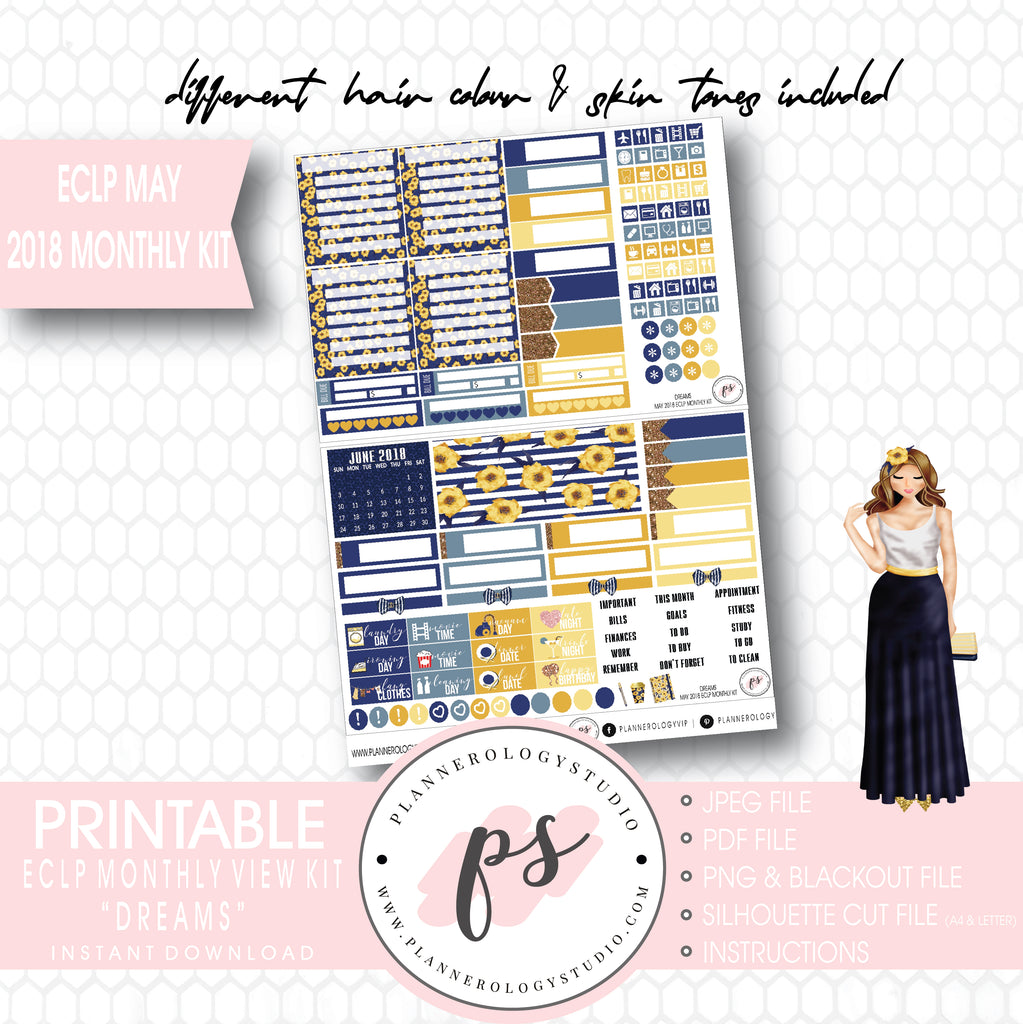 Dreams May 2018 Monthly View Kit Digital Printable Planner Stickers (for use with Erin Condren) - Plannerologystudio