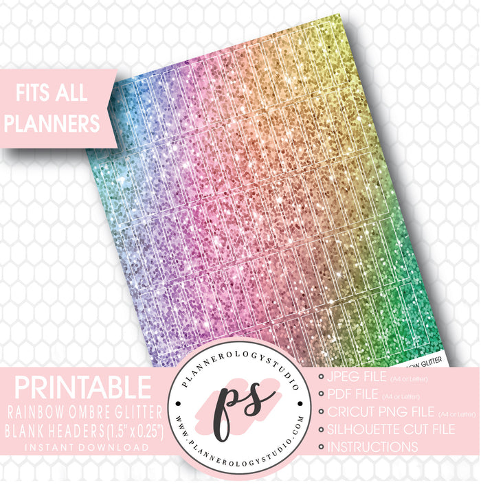 Rainbow Ombre Glitter Blank Header Printable Planner Stickers - Plannerologystudio