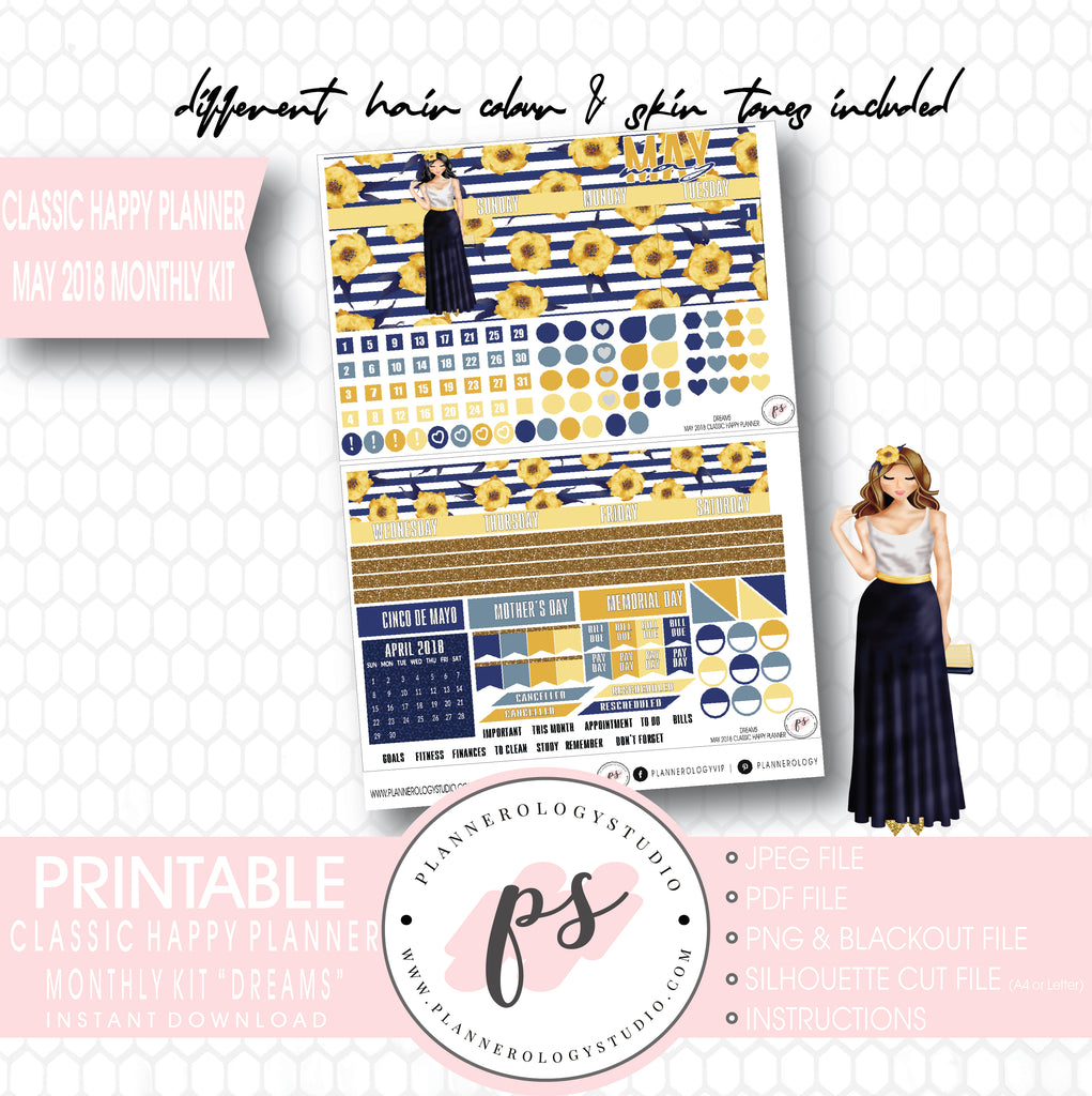 Dreams May 2018 Monthly View Kit Digital Printable Planner Stickers (for use with Classic Happy Planner) - Plannerologystudio