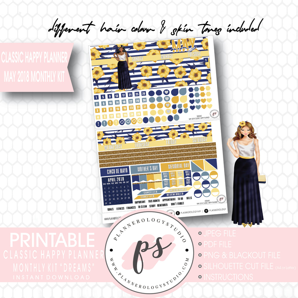 Dreams May 2018 Monthly View Kit Digital Printable Planner Stickers (for use with Classic Happy Planner) - Plannerologystudio