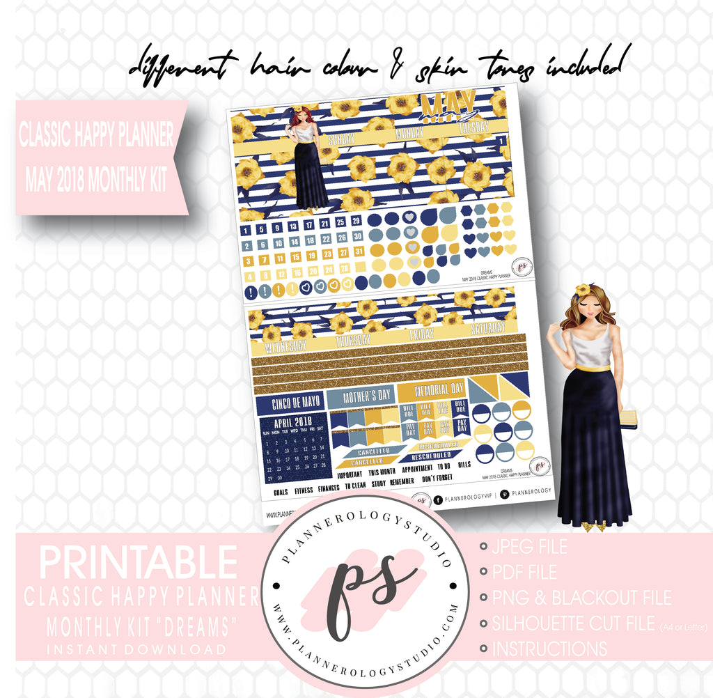 Dreams May 2018 Monthly View Kit Digital Printable Planner Stickers (for use with Classic Happy Planner) - Plannerologystudio