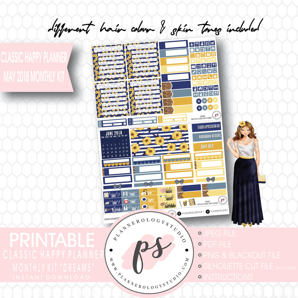 Dreams May 2018 Monthly View Kit Digital Printable Planner Stickers (for use with Classic Happy Planner) - Plannerologystudio
