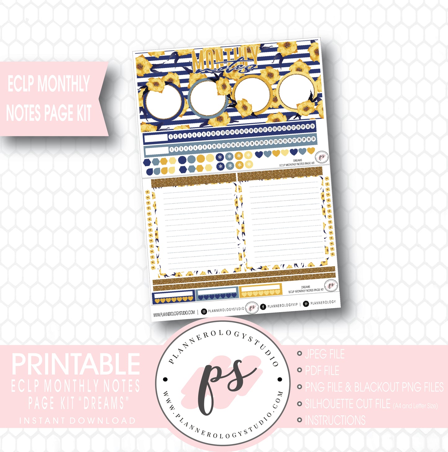 Dreams Monthly Notes Page Kit Digital Printable Planner Stickers (for use with ECLP) - Plannerologystudio
