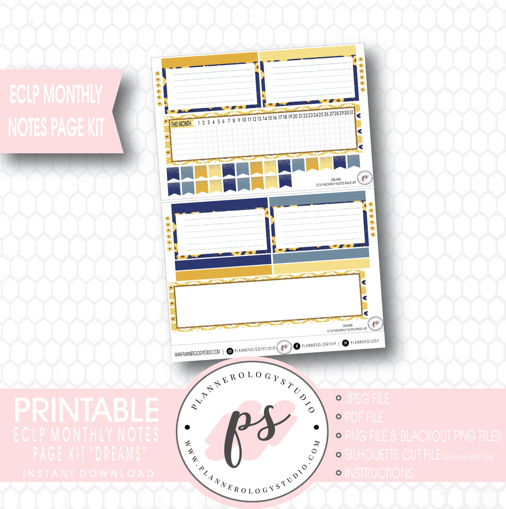 Dreams Monthly Notes Page Kit Digital Printable Planner Stickers (for use with ECLP) - Plannerologystudio