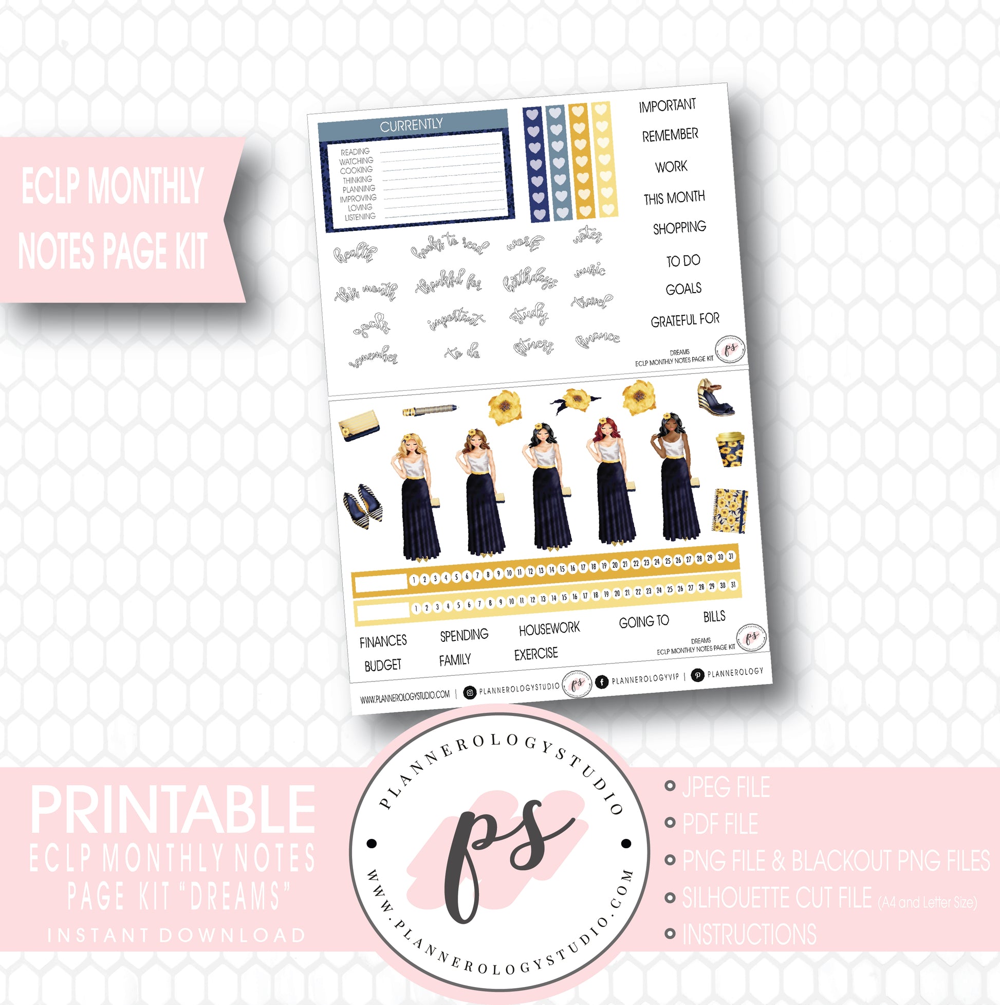 Dreams Monthly Notes Page Kit Digital Printable Planner Stickers (for use with ECLP) - Plannerologystudio