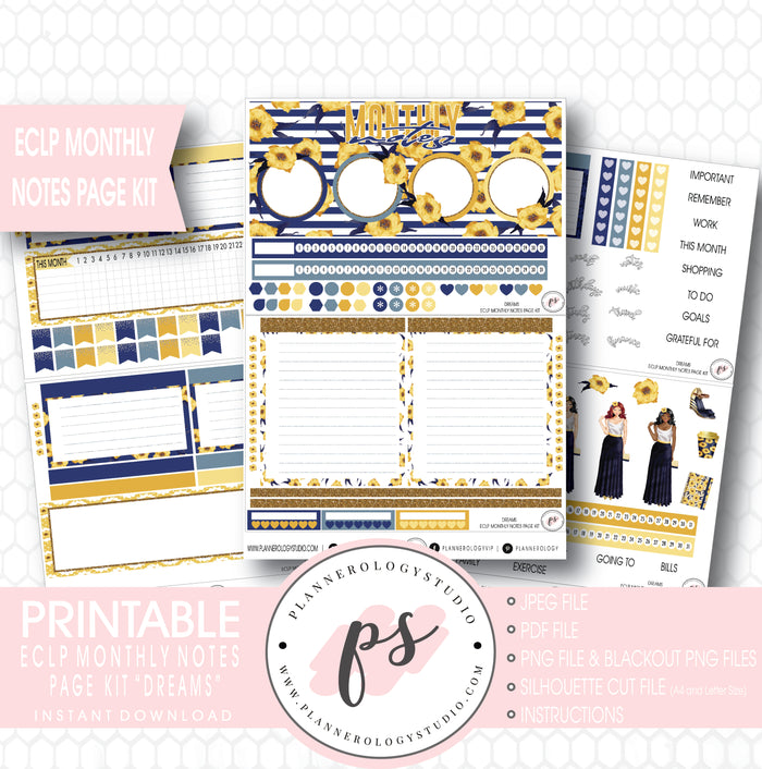 Dreams Monthly Notes Page Kit Digital Printable Planner Stickers (for use with ECLP) - Plannerologystudio