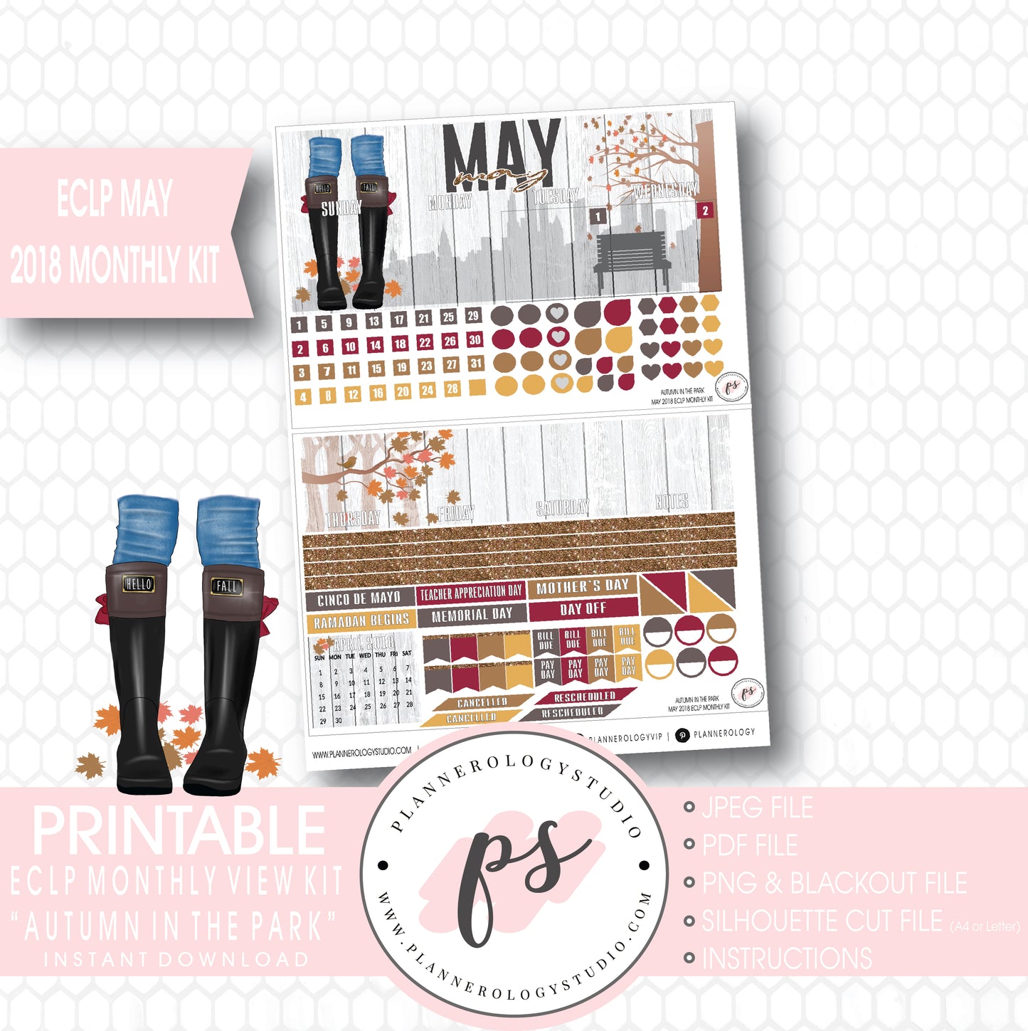 Autumn in the Park May 2018 Monthly View Kit Digital Printable Planner Stickers (for use with Erin Condren) - Plannerologystudio